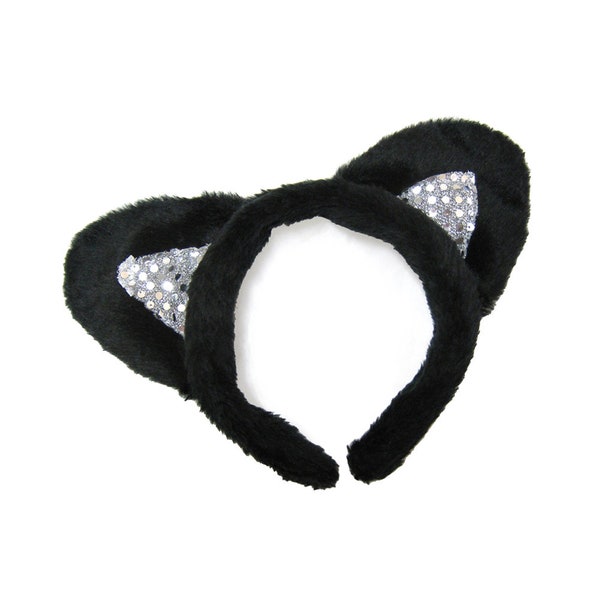 Black Plush Sequin Cat Ears Headband - Adult Child Kids Halloween Kitty Pussycat Costume, Cosplay, Dress Up Party, Pretend Play, Photo Prop
