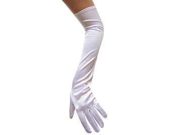 Long Opera Length White Satin Gloves - Adult Teen Cosplay, Wedding, Prom, Evening Formal, Dance, Masquerade, Halloween, Costume Party, Shiny