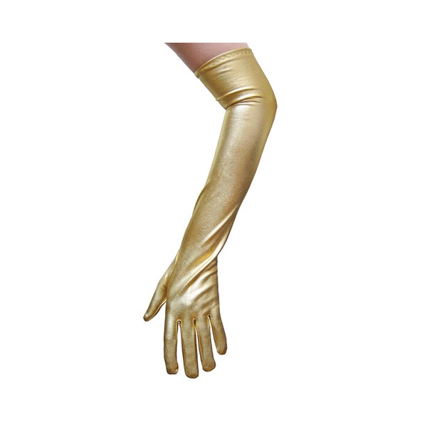 Shiny Long Elbow Length Gold Metallic Gloves - Adult Teen Cosplay Costume Party, Prom Dance, Wedding, Evening Formal, Mardi Gras, Halloween