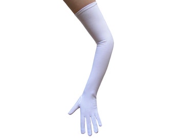 Long Opera Length White Costume Gloves - Adult Teen Halloween Princess Belle, Gatsby Flapper, Cosplay, Wedding Evening Formal Prom Polyester