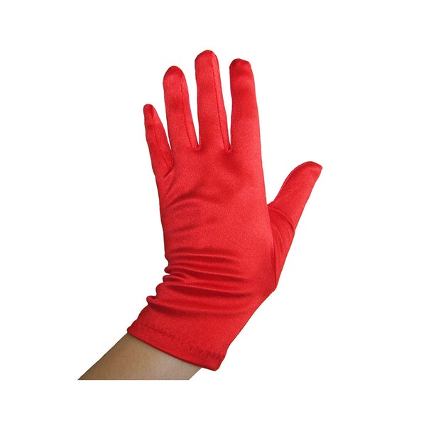 Short Wrist Length Red Satin Gloves - Adult Teen Halloween, Costume Party, Cosplay, Wedding, Prom, Evening Formal, Dance, Masquerade, Shiny