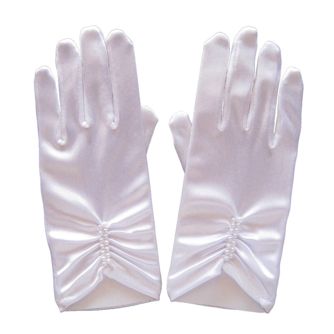 Short Wrist Length White Satin Gloves with Pearls Women | Etsy
