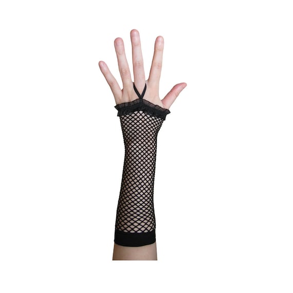 Cute Black Fingerless Fishnet Gloves With Ruffle Women Girls Costume Party,  Cosplay, Prom Dance, Halloween 80s Punk Rock Gothic Vampire 