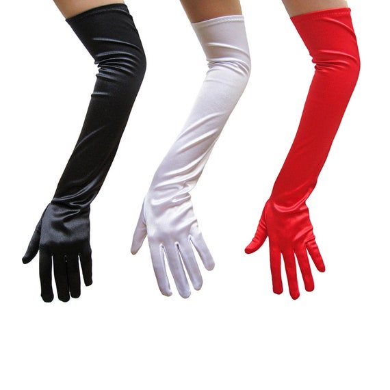 Long Opera Length Black Satin Gloves 