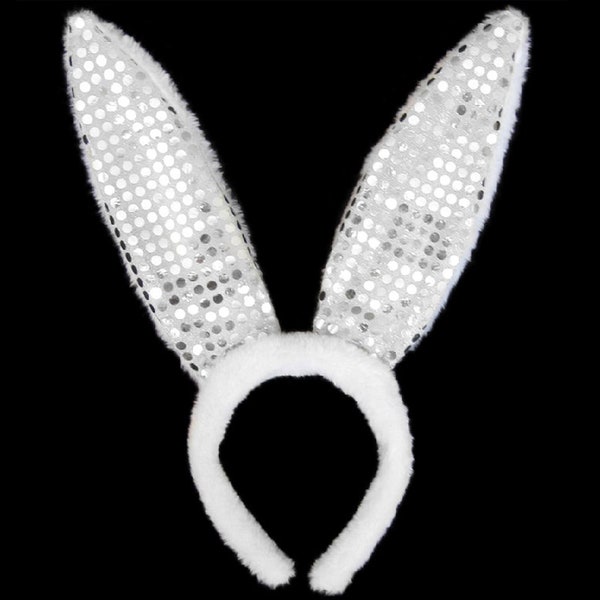 White Plush Sequin Bunny Ears Headband - Cute Adult Child Kids Halloween, Easter, Cosplay, Bunny Rabbit Costume Party Dress Up, Pretend Play