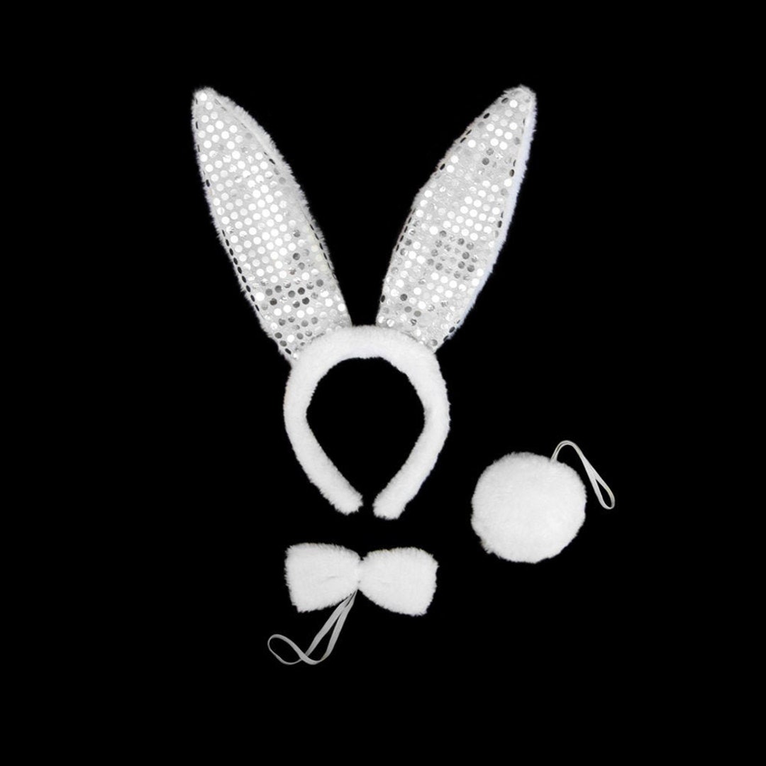 White Plush Sequin Bunny Ears, Tail, & Bow Tie Costume Set Adult Child