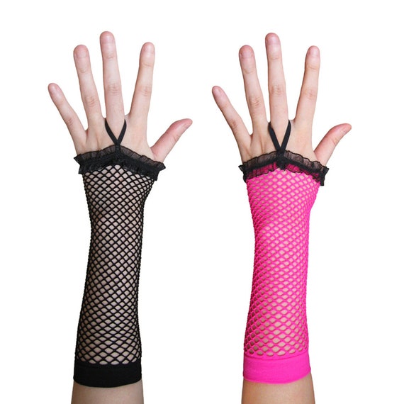 Cute Neon Pink Fingerless Fishnet Gloves With Ruffle Women Ladies