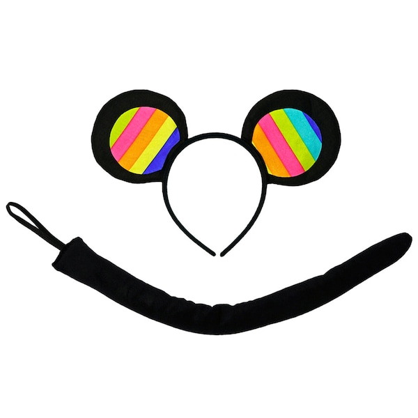 Rainbow Mouse-A-Like Ears Headband & Tail Costume Set - Cute Halloween Minnie Party Kit, Cosplay, Birthday, Fun Cruise, Fish Extender Gift