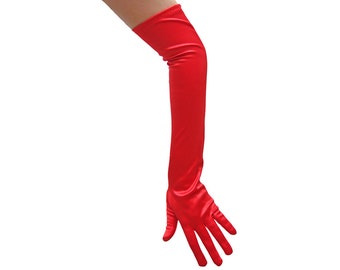 Long Opera Length Red Satin Gloves - Adult Teen Cosplay, Wedding, Prom, Evening Formal, Dance, Masquerade, Halloween, Costume Party, Shiny