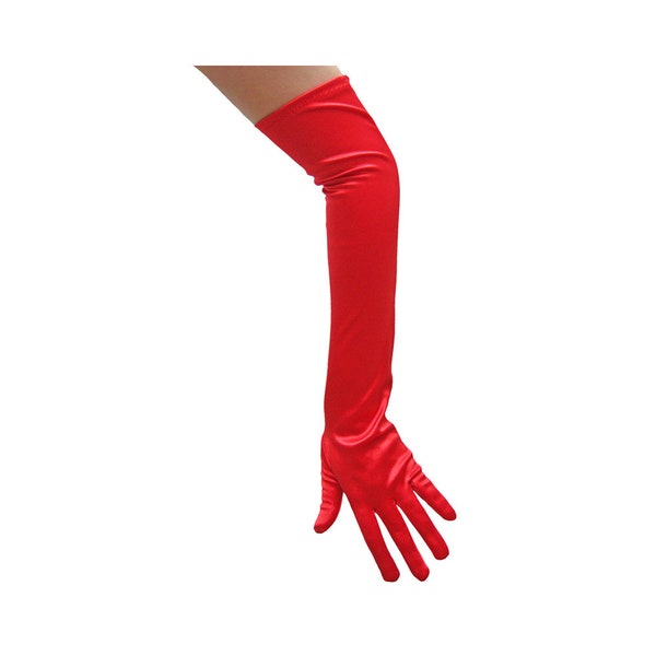 Long Opera Length Red Satin Gloves - Adult Teen Cosplay, Wedding, Prom, Evening Formal, Dance, Masquerade, Halloween, Costume Party, Shiny