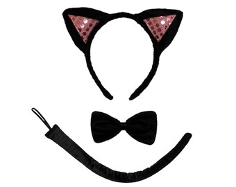 Pink Sequin Black Cat Ears Costume Set - Optional Cat Tail, Cute Adult Teen Child Kids Halloween Kitty Pussycat, Cosplay Dress Up, Party Kit