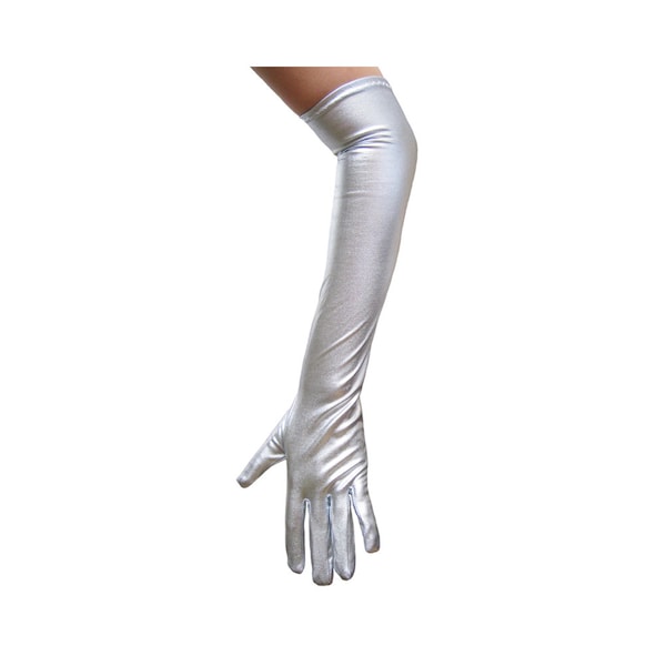 Shiny Long Elbow Length Silver Metallic Gloves - Adult Teen Cosplay Costume Party, Prom Dance, Wedding, Evening Formal Masquerade, Halloween