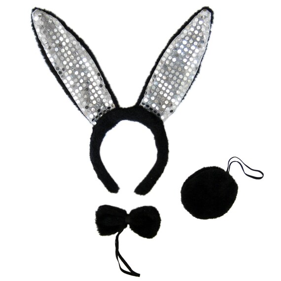 Black Plush Sequin Bunny Ears Headband ~ HALLOWEEN EASTER RABBIT COSTUME PARTY