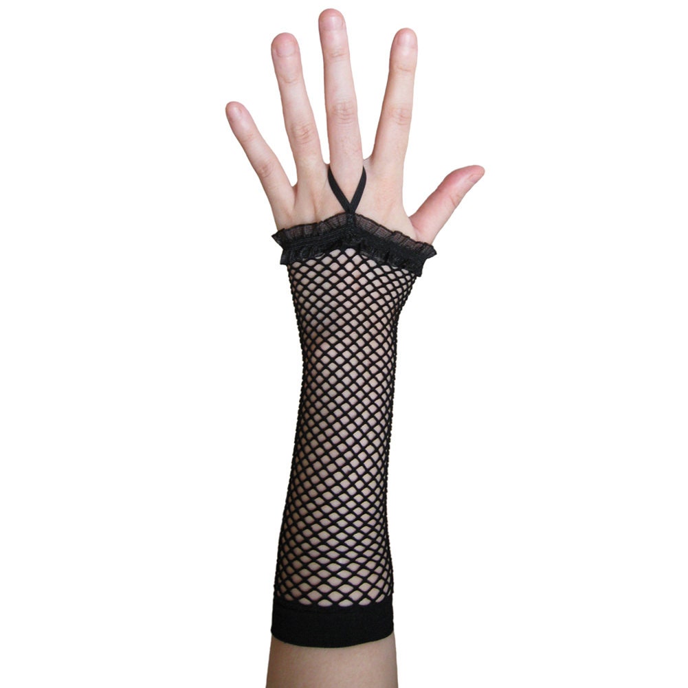 Cute Black Fingerless Fishnet Gloves With Ruffle Women Girls