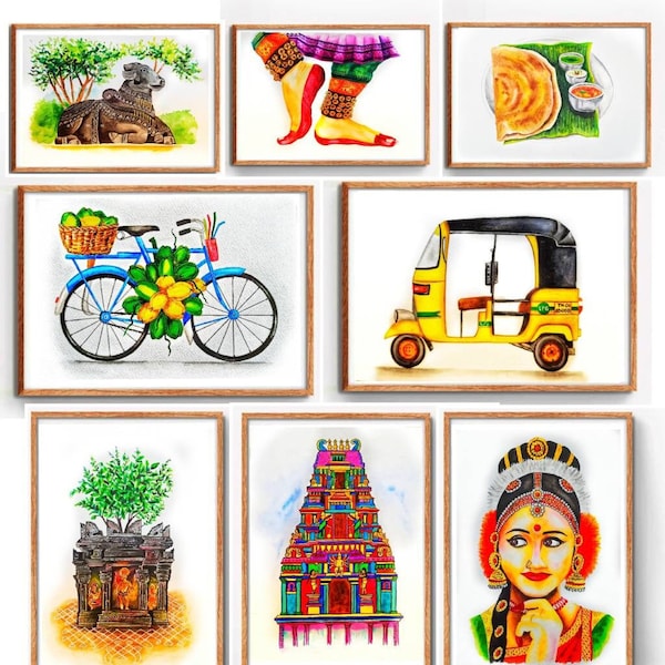 Tamil Nadu Watercolor Painting, Tamil Wall Art, Tamil Home Decor, South Indian Wall Decor, Tamil Painting Set, ORIGINAL WATERCOLOUR ART