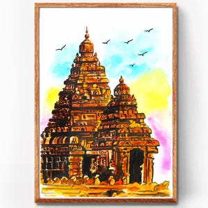 Shore Temple, Tamilnadu Painting, South Indian Painting, Tamil Wall Art, Tamil Home Decor, South Indian Decor, Tamil Watercolor, Tamil Print