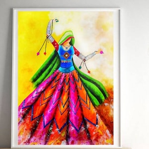Rajasthani Woman Painting on Canvas, Indian Folk Wall Art, Handmade Acrylic  Gujarati Sindhi Decor