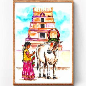 South Indian Art, Tamil Artwork, South Indian Decor, Tamil Decor, Indian Wall Painting, Tamil Art Print, Tamil Painting, Pongal Wall Art
