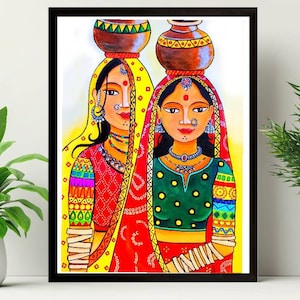 Rajasthani Woman Painting, Indian Traditional Wall Art, Handmade Acrylic Canvas, Indian Ethnic Home Decor