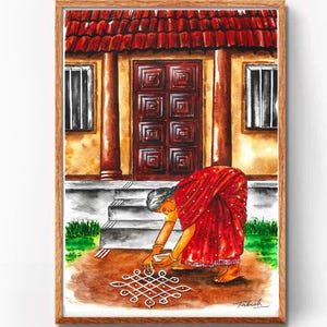 South Indian Painting, Tamil Artwork, South Indian Print, Kerala home Decor, Tamilnadu Painting, Kolam Print, Karnataka Art, Indian Wall Art