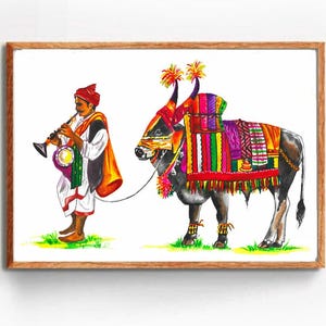 Tamilnadu Painting, South Indian Art, Tamil Wall Art, Tamil Home Decor, Tamil Art Print, Indian Wall Art, Indian Home Decor, Sankranthi Bull