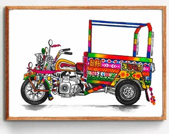 May include: A colorful illustration of a three-wheeled vehicle, featuring a motorcycle front and a decorated cargo area. The artwork showcases vibrant hues of red, yellow, green, and blue, with intricate patterns and designs. The vehicle is set against a white background.