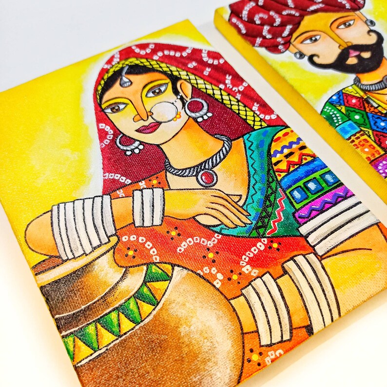 May include: A colorful painting of a woman wearing a red and yellow sari with intricate patterns. She is holding a large, brown pot with green and yellow geometric designs. The background is a bright yellow.