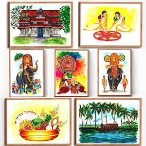 K&ouml;nnte beinhalten: Ein Set von 8 Aquarellbildern, die Szenen aus Kerala, Indien, darstellen. Die Bilder zeigen einen traditionellen Tempel, eine Frau in einem wei&szlig;en Sari, einen Mann in einem roten Kost&uuml;m, einen Elefanten, ein Boot und einen Obstkorb.