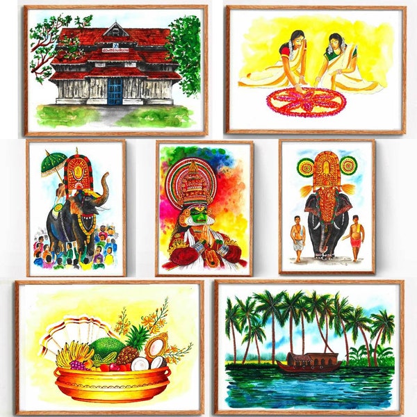 Kerala Art, Kathakali, South Indian Art, Malayalam, Onam Wall Art, Indian Art, Thrissur Pooram, Backwaters, ORIGINAL Watercolor Painting Set