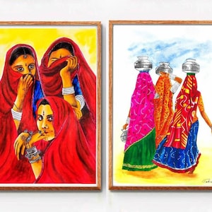 May include: Two watercolor paintings depicting women in traditional Indian clothing. The first painting shows three women wearing red veils, with one woman looking directly at the viewer. The second painting shows three women carrying water pots on their heads, walking in a desert landscape.