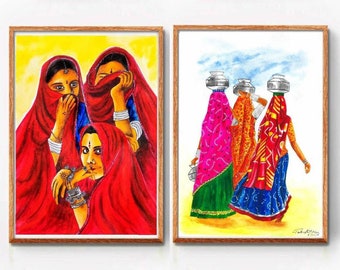 May include: Two watercolor paintings depicting women in traditional Indian clothing. The first painting shows three women wearing red veils, with one woman looking directly at the viewer. The second painting shows three women carrying water pots on their heads, walking in a desert landscape.