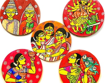 Bengali Wall Decor Plates, Hand-Painted Kolkata Art, Durga Puja Wall Hanging, Indian Folk Paintings