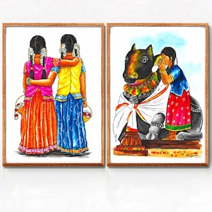 South Indian Art, Tamil Artwork, South Indian Decor, Tamil Home Decor, Indian Wall Painting, Tamil Art Print, Tamil Painting, Onam Wall Art