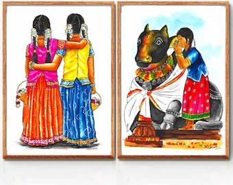 South Indian Watercolor Painting: Tamil Art Print, Onam Wall Decor