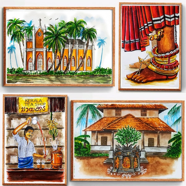 Kerala Art, South Indian decor, Malayalam Decor, Onam Wall Art, Indian Wall Art, Theyyam Painting, ORIGINAL Watercolor Painting Set