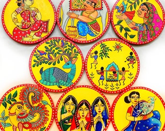 インドの民芸品ウォールプレート、手描きコースター、8枚セット