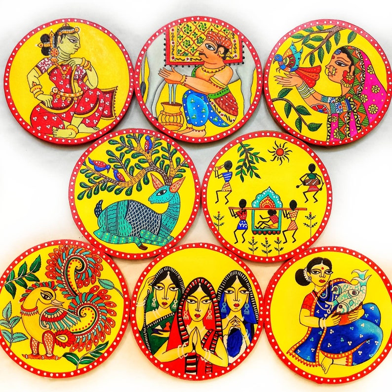 Indian Folk Art Wall Plates, Hand Painted Coasters, Set of 8, Madhubani ...