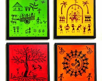 Decorazione murale Warli fatta a mano, pittura popolare indiana, arredamento tribale per la casa, arazzo etnico da appendere al muro