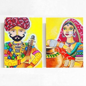 May include: Two colorful paintings on canvas depicting a man playing a stringed instrument and a woman holding a clay pot. The man is wearing a red turban and a colorful patterned shirt. The woman is wearing a red and yellow sari with intricate patterns. Both paintings have a yellow background.