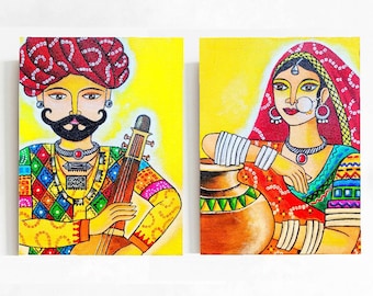 Rajasthani väggkonstmålning, indisk folkkonst på canvas, Rajasthan-dekor, handgjord, redo att hängas