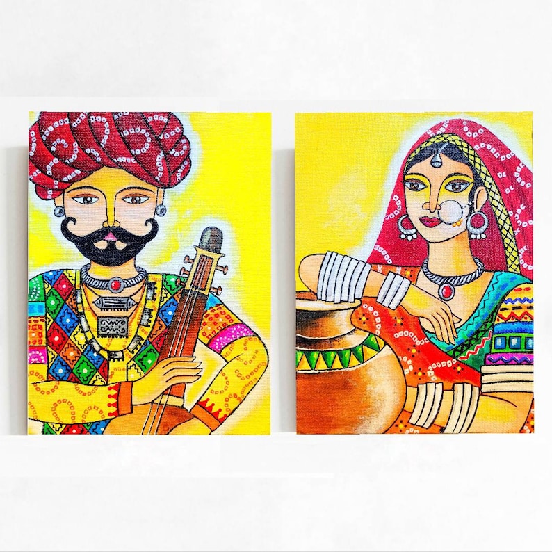 May include: Two colorful paintings on canvas depicting a man playing a stringed instrument and a woman holding a clay pot. The man is wearing a red turban and a colorful patterned shirt. The woman is wearing a red and yellow sari with intricate patterns. Both paintings have a yellow background.