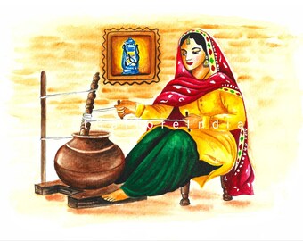 Stampa pittura ad acquerello Punjabi, Arte murale punjab, Pittura sikh, Decorazioni per la casa punjab, Arte murale indiana, Donna Punjabi, DOWNLOAD ISTANTANEO