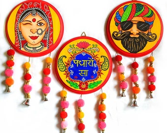 ラジャスタン壁掛けプレートセット、インドの民芸装飾、エスニック壁掛け、手作りのラジャスタン絵画