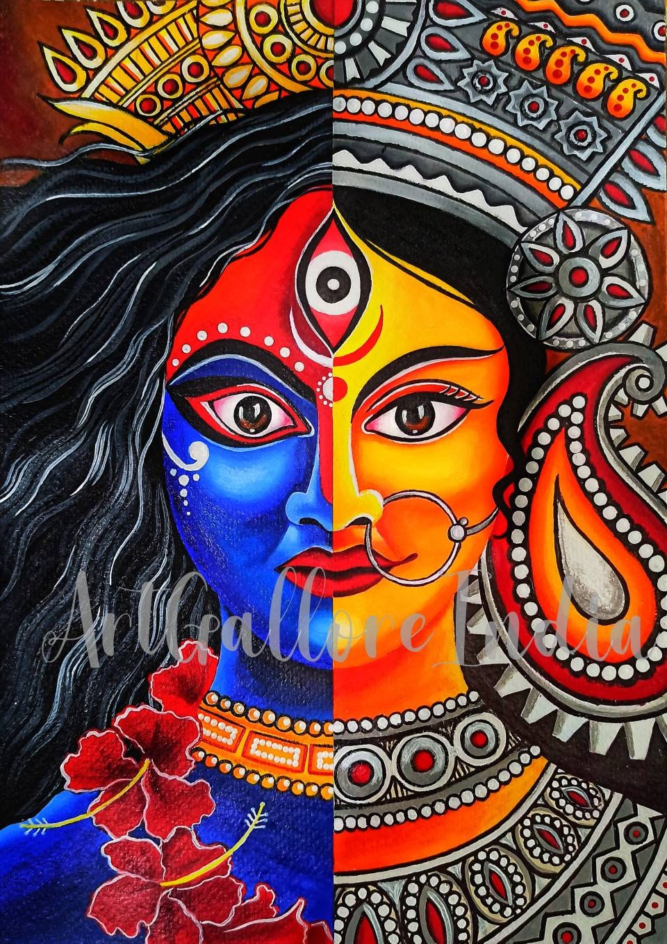Kali Durga Painting, Bengal Wall Art, Durga Puja, Kolkata Wall Art