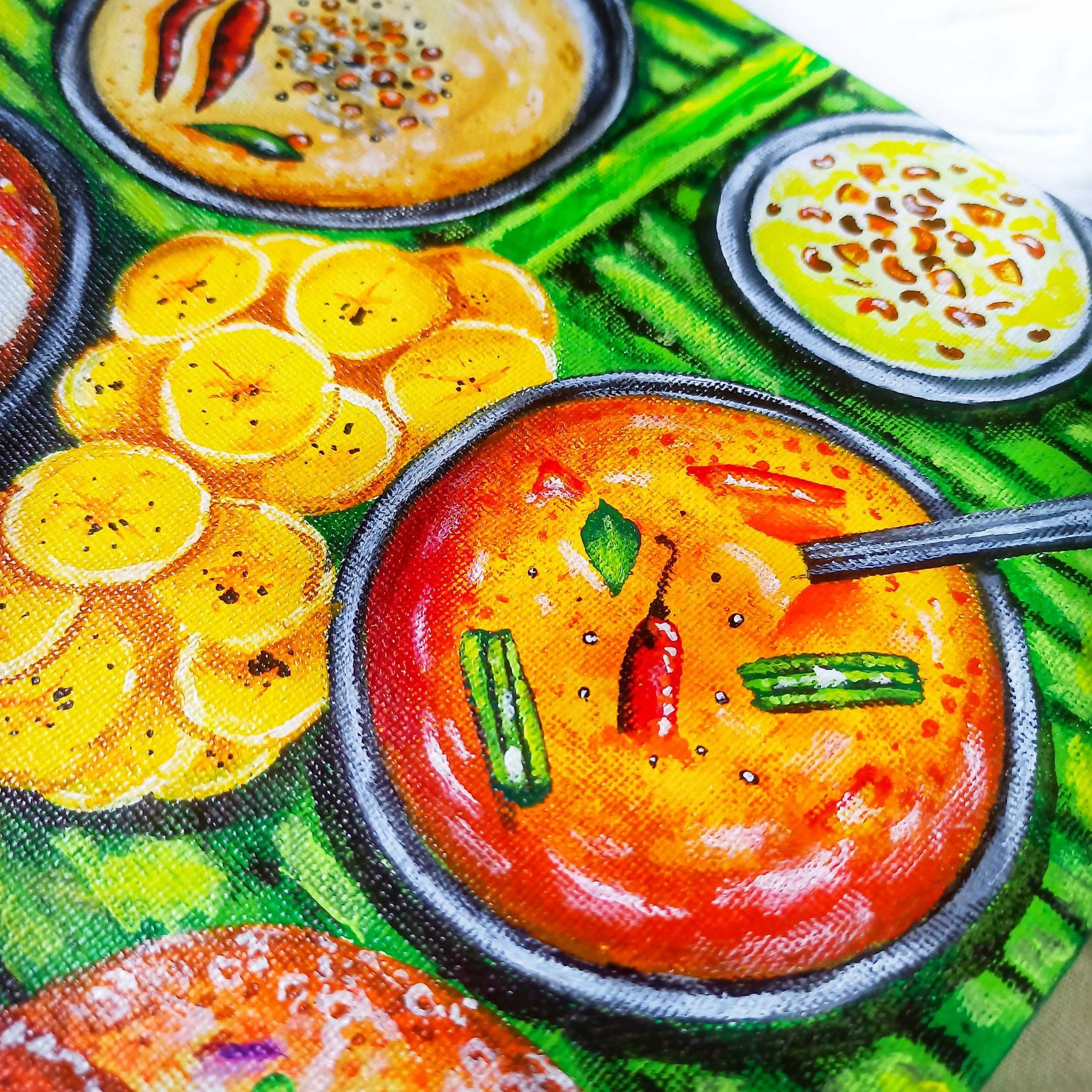 South Indian Food Art, Tamil Painting, Canvas Acrylic Painting, Kerala Food Painting, Onam