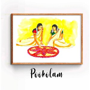 K&ouml;nnte beinhalten: Zwei Frauen in traditioneller indischer Kleidung erstellen ein Pookolam, eine farbenfrohe Blumenanordnung, auf einer wei&szlig;en Oberfl&auml;che. Das Pookolam ist ein traditionelles Design aus Blumen und wird oft w&auml;hrend Festen verwendet.