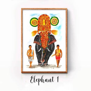 K&ouml;nnte beinhalten: Aquarellmalerei eines Elefanten, der mit einem farbenfrohen Kopfschmuck und Schmuck geschm&uuml;ckt ist, begleitet von zwei Personen in traditioneller Kleidung. Der Elefant ist in einer Prozession dargestellt, m&ouml;glicherweise einer religi&ouml;sen Zeremonie.