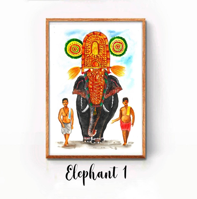 K&ouml;nnte beinhalten: Aquarellmalerei eines Elefanten, der mit einem farbenfrohen Kopfschmuck und Schmuck geschm&uuml;ckt ist, begleitet von zwei Personen in traditioneller Kleidung. Der Elefant ist in einer Prozession dargestellt, m&ouml;glicherweise einer religi&ouml;sen Zeremonie.
