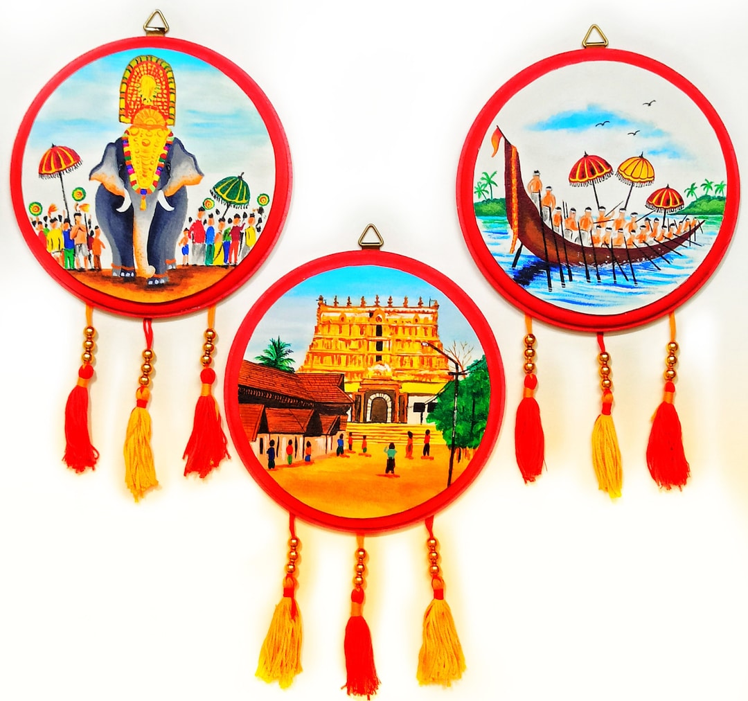 Kerala Wall Plates, Kerala Acrylic Painting, Onam Wall Art, Kerala Home Decor, Malayalam