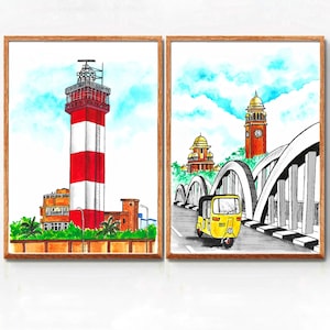 Aquarelle de Chennai, art mural Tamilnadu, décoration d'intérieur tamoule, décoration murale du sud de l'Inde, peinture tamoule, oeuvre d'art tamoule, aquarelle tamoule